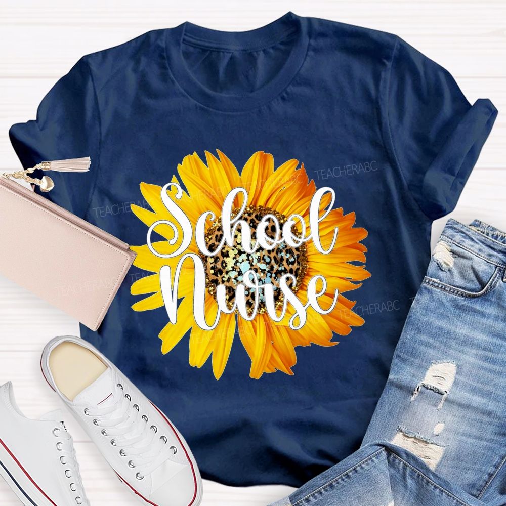Sunflower Leopard Center School Nurse T-shirt