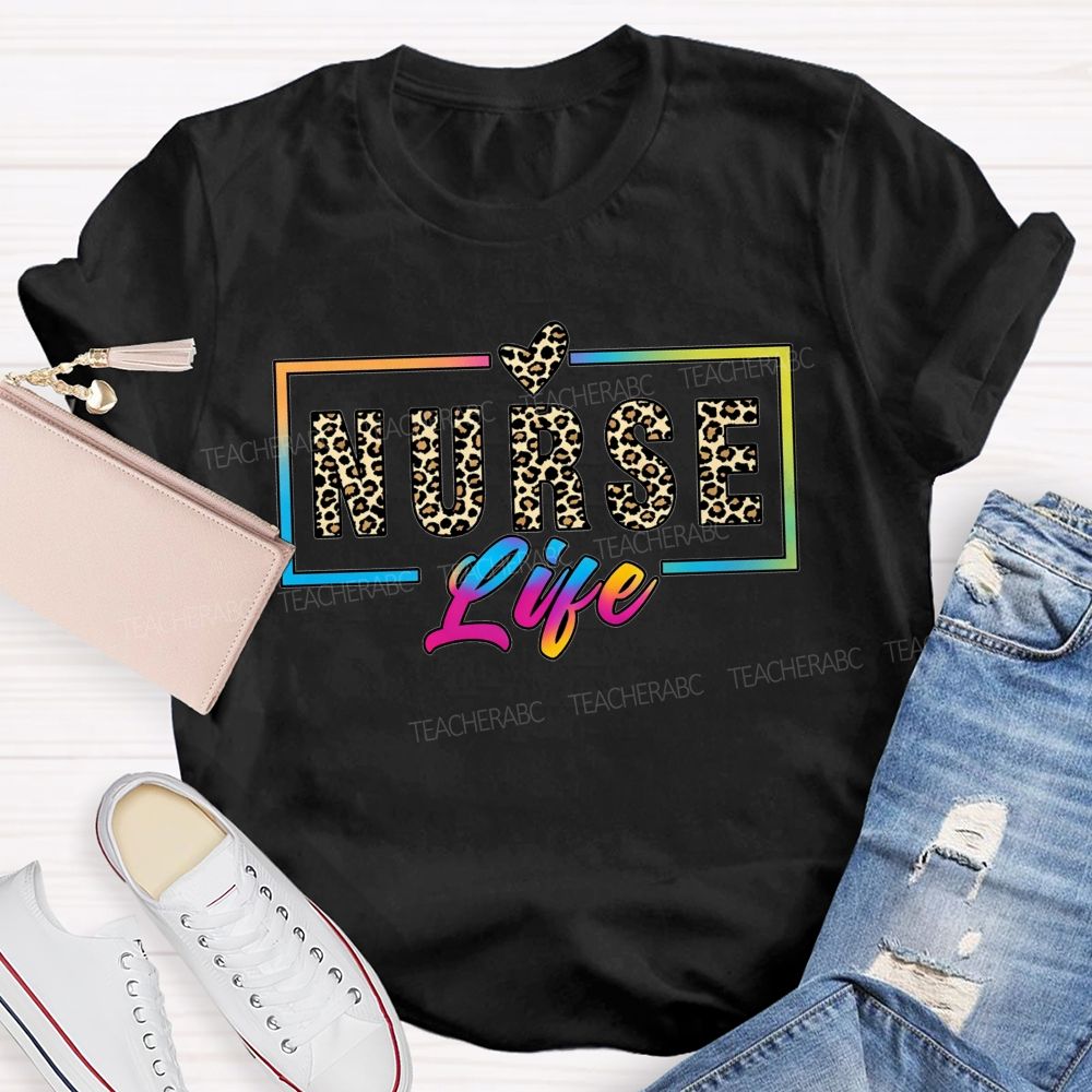 Nurse Life Leopard Print Rainbow Frame T-shirt