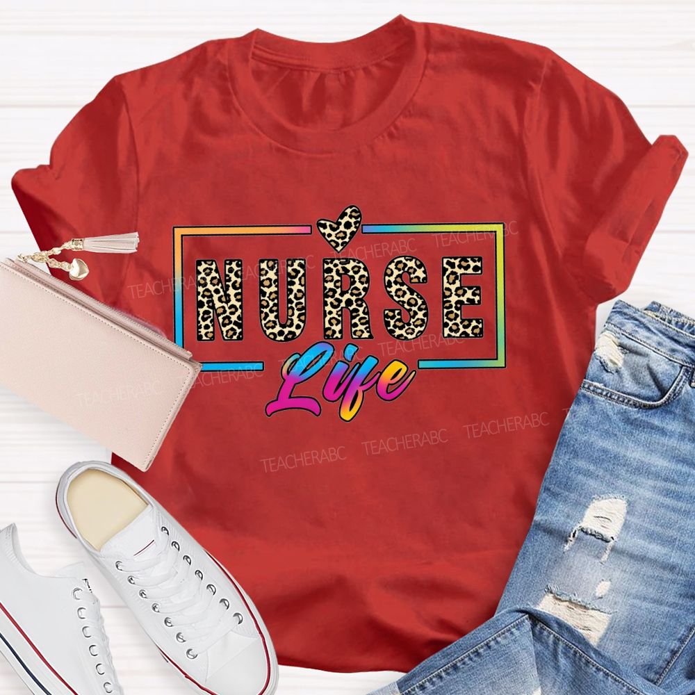 Nurse Life Leopard Print Rainbow Frame T-shirt