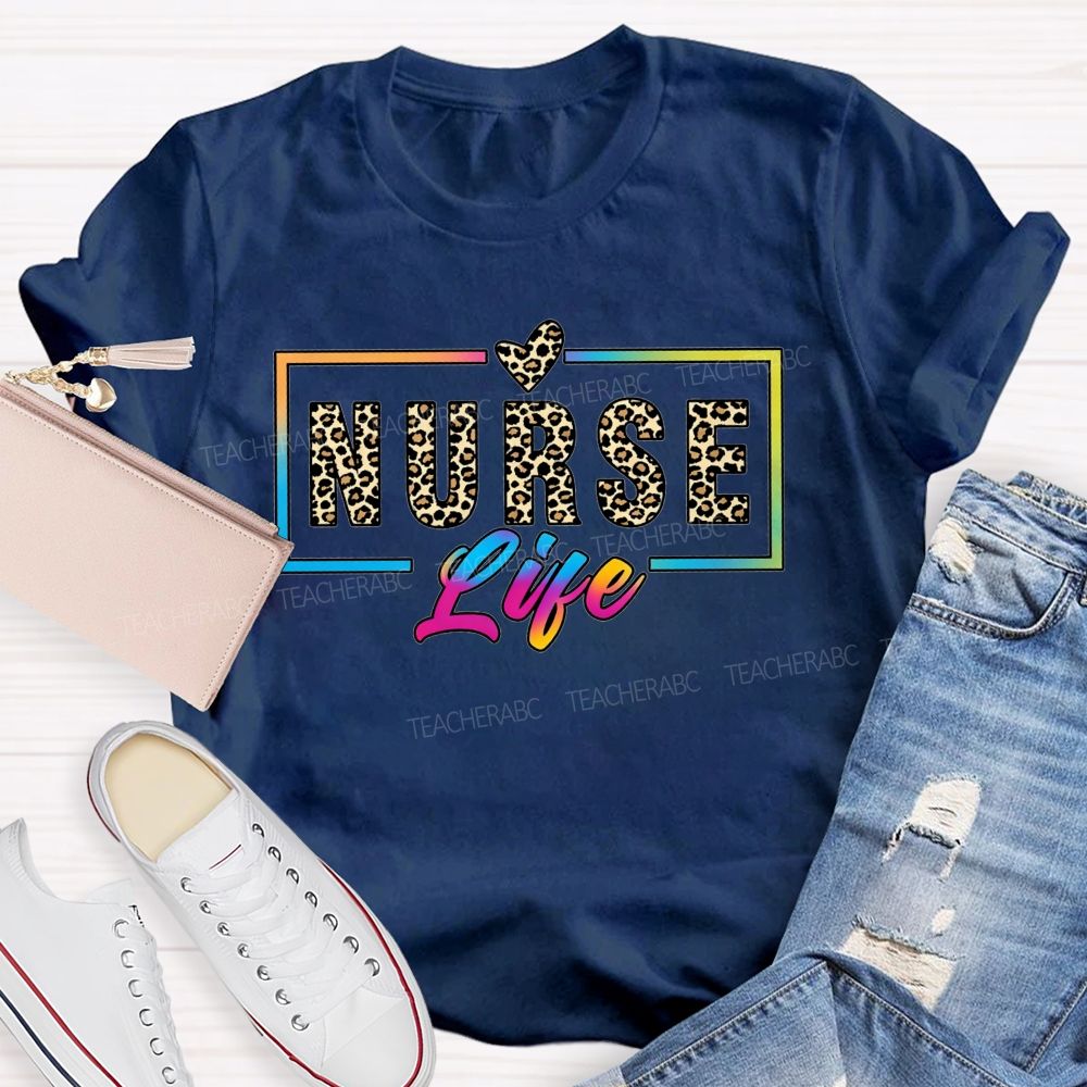 Nurse Life Leopard Print Rainbow Frame T-shirt