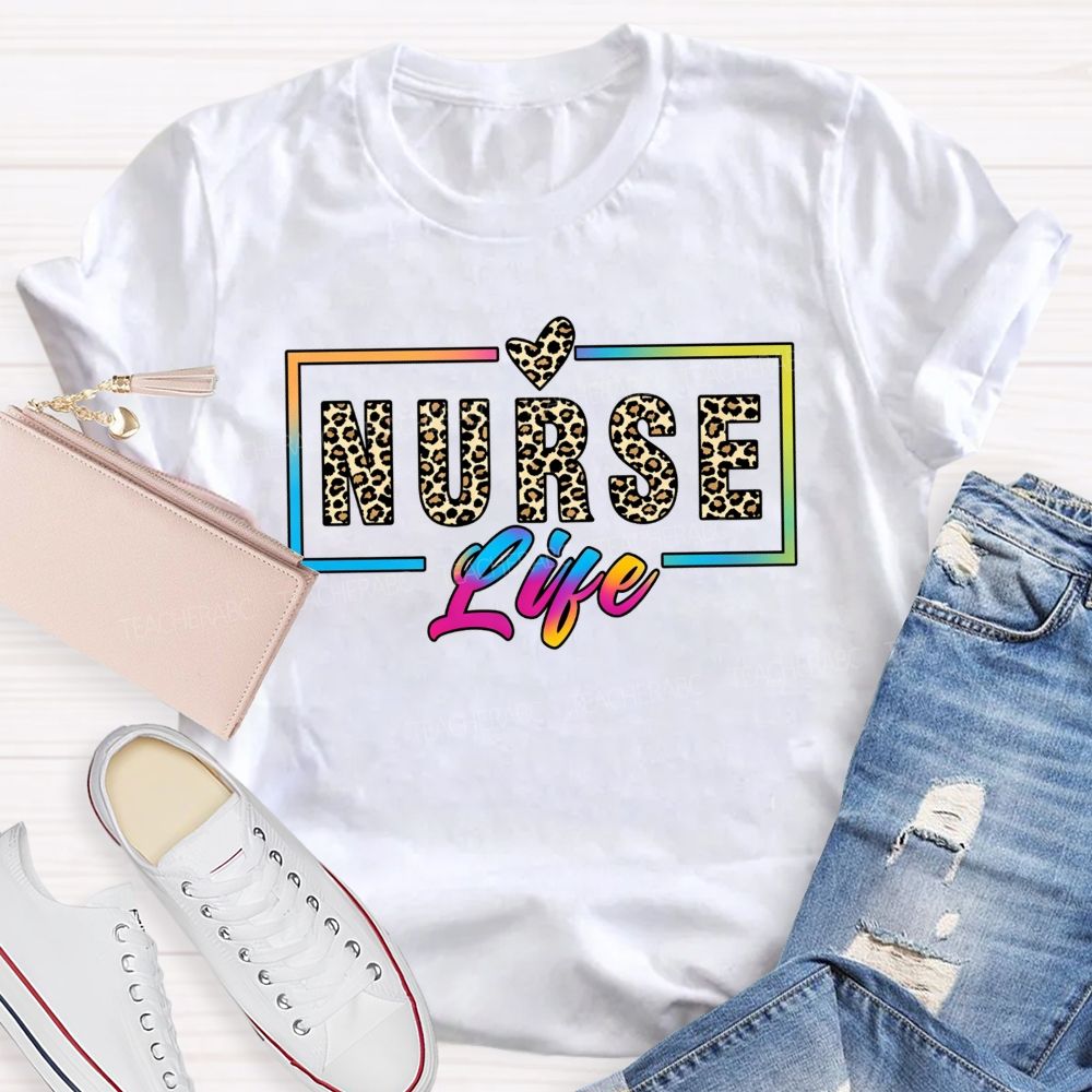 Nurse Life Leopard Print Rainbow Frame T-shirt