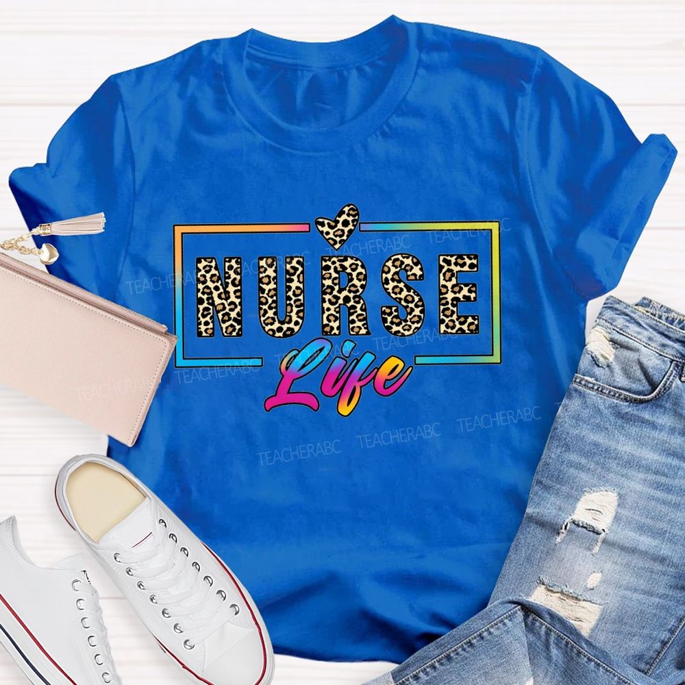 Nurse Life Leopard Print Rainbow Frame T-shirt