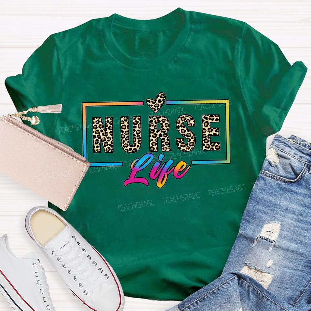 Nurse Life Leopard Print Rainbow Frame T-shirt