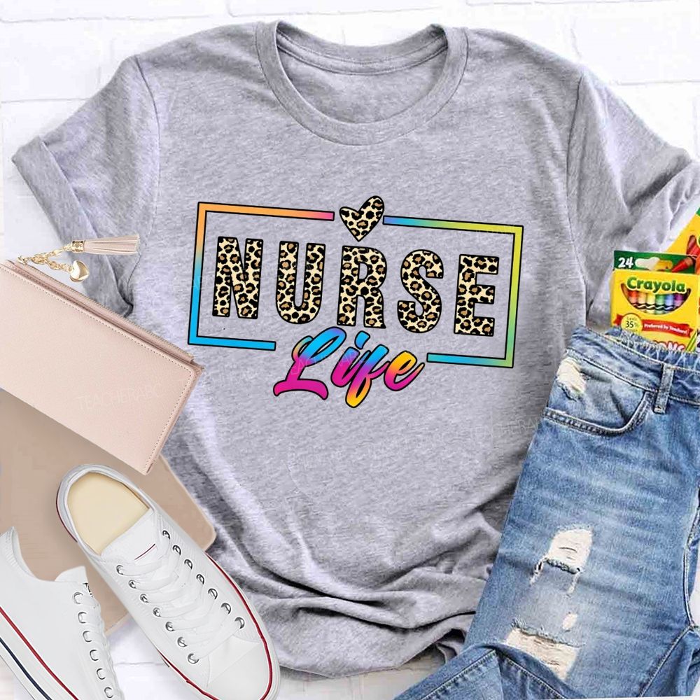 Nurse Life Leopard Print Rainbow Frame T-shirt