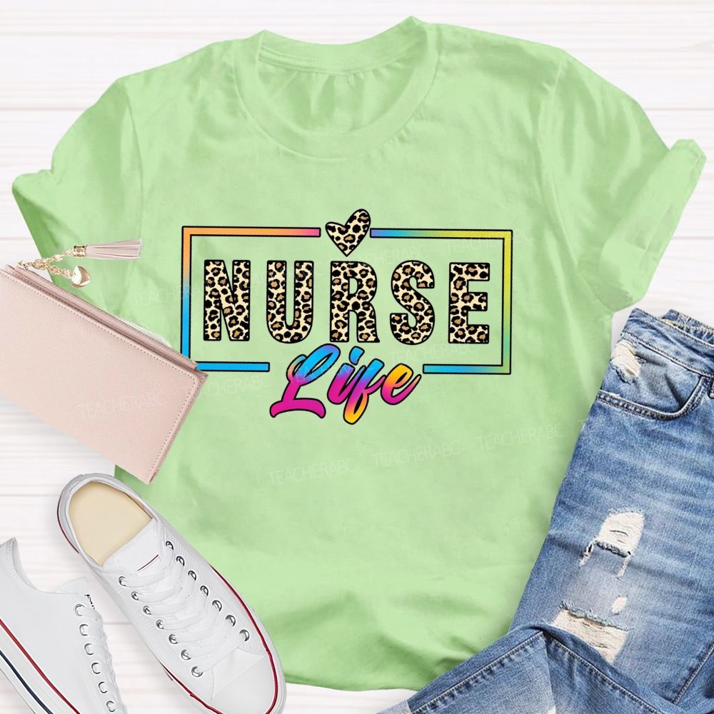 Nurse Life Leopard Print Rainbow Frame T-shirt