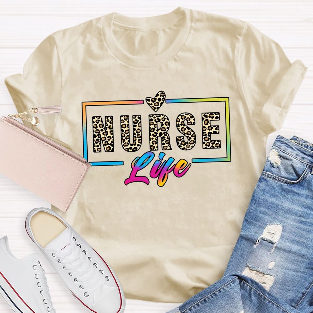 Nurse Life Leopard Print Rainbow Frame T-shirt