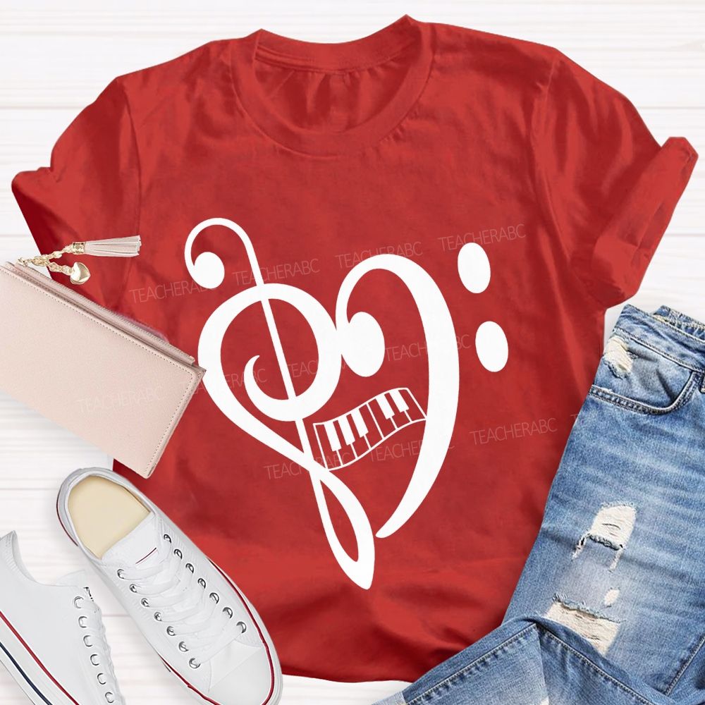 Treble And Bass Clef Heart Piano Music Teacher T-shirt