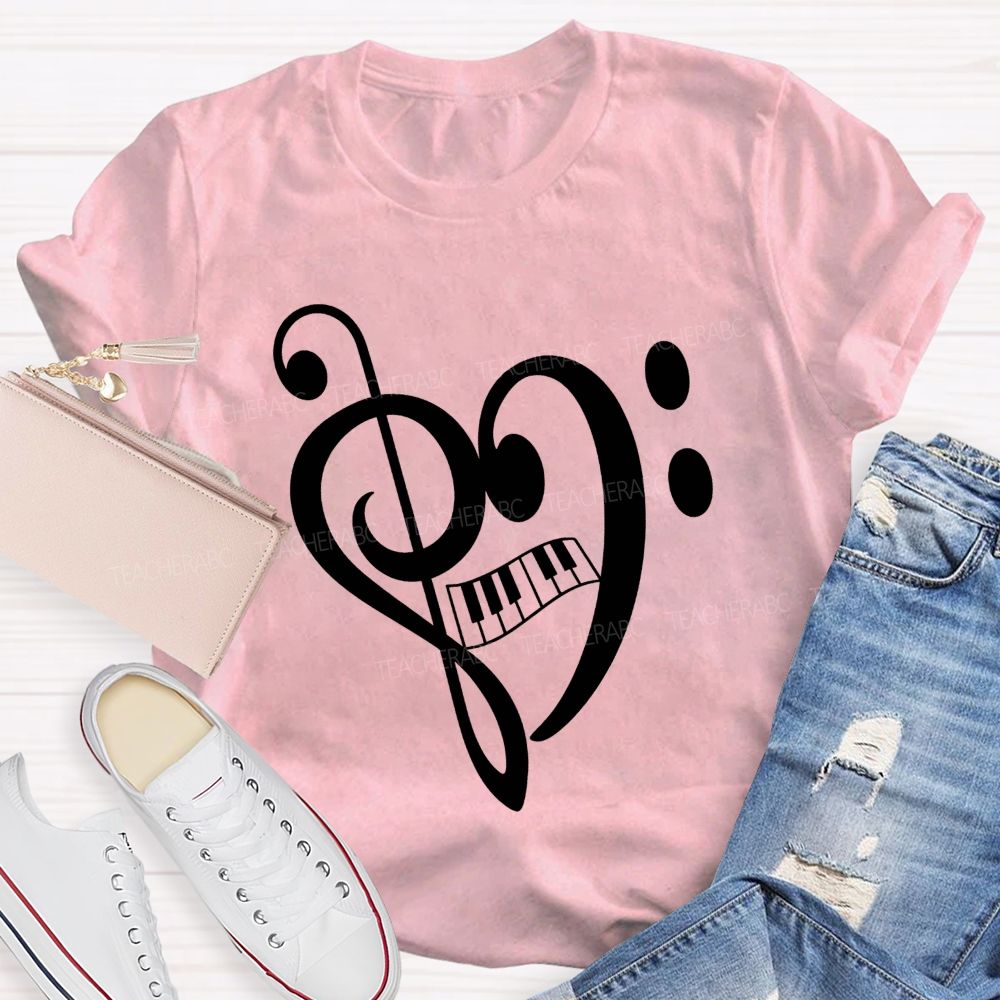 Treble And Bass Clef Heart Piano Music Teacher T-shirt