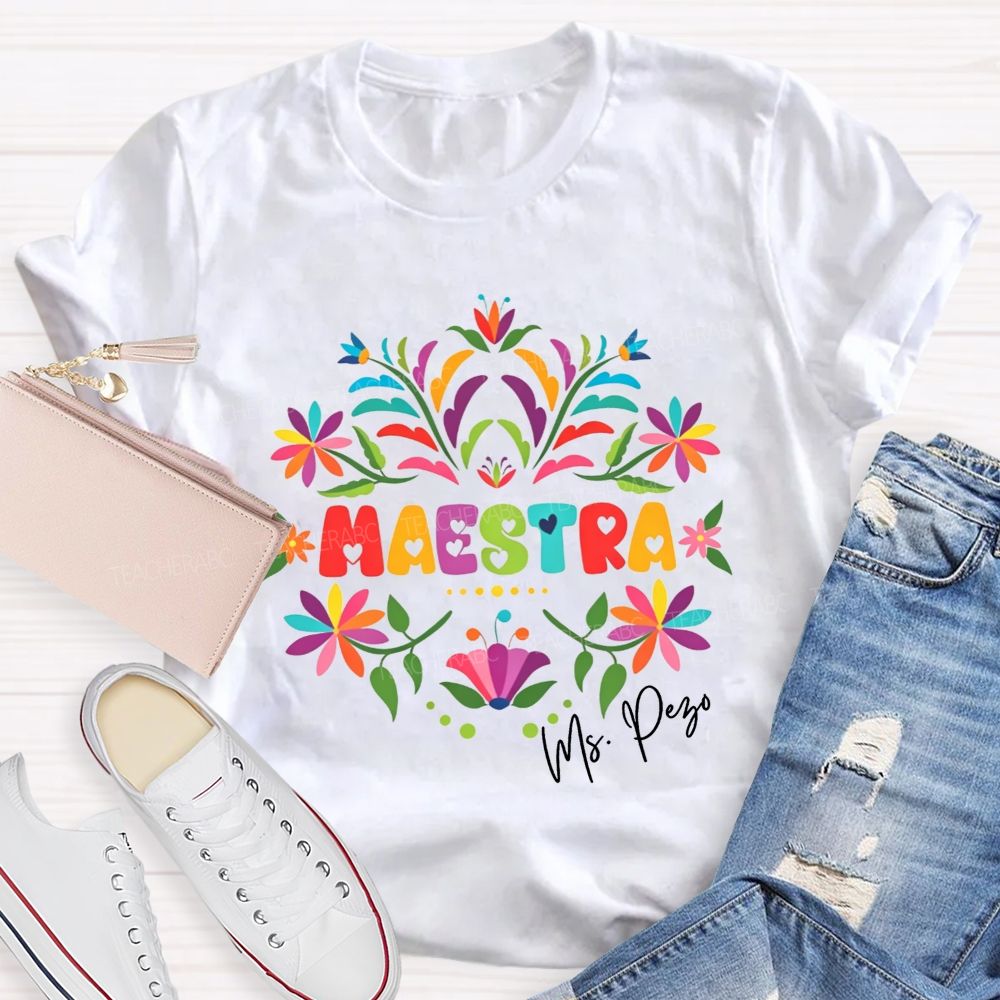 Personalized Name Maestra Floral Bilingual Educator Teacher T-shirt