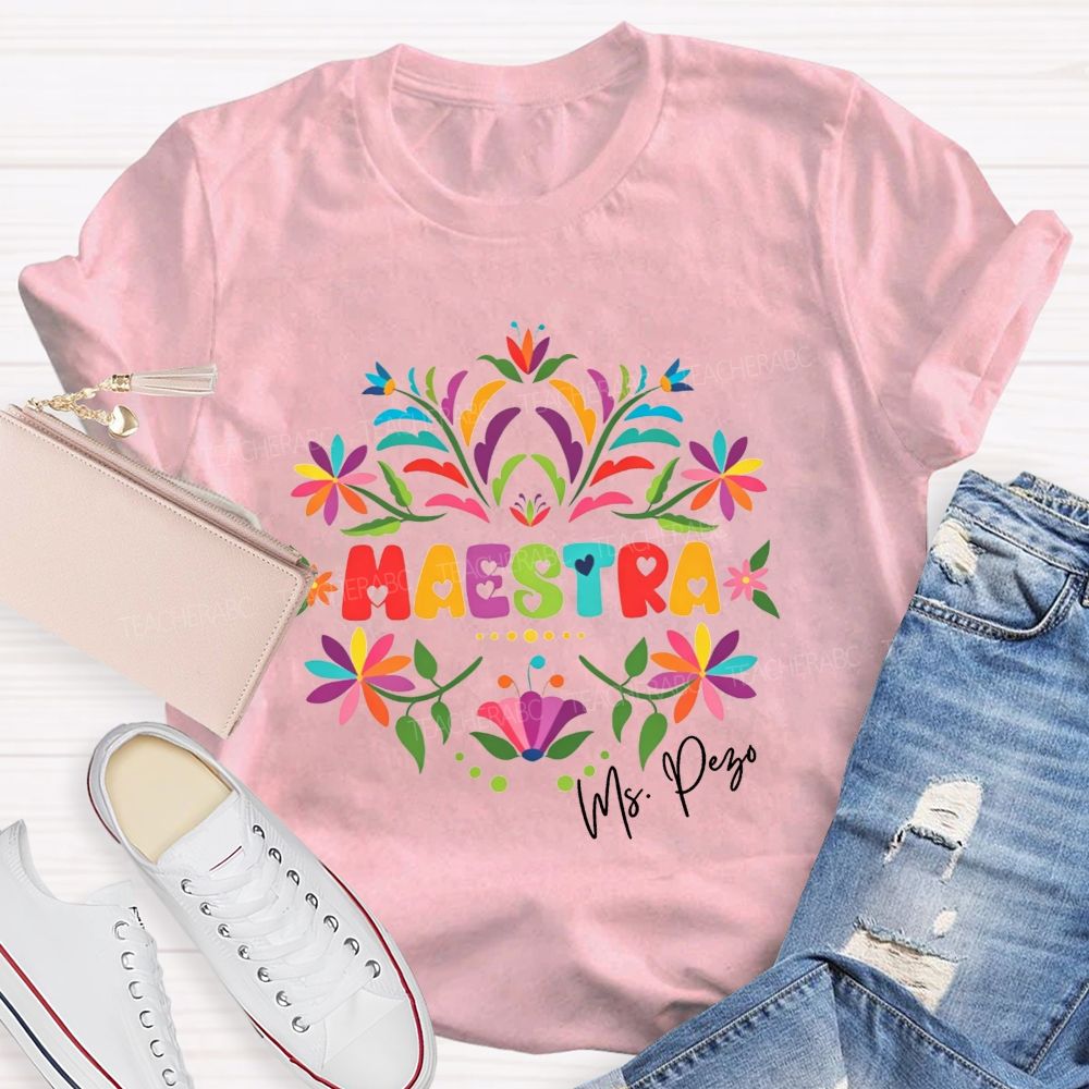 Personalized Name Maestra Floral Bilingual Educator Teacher T-shirt