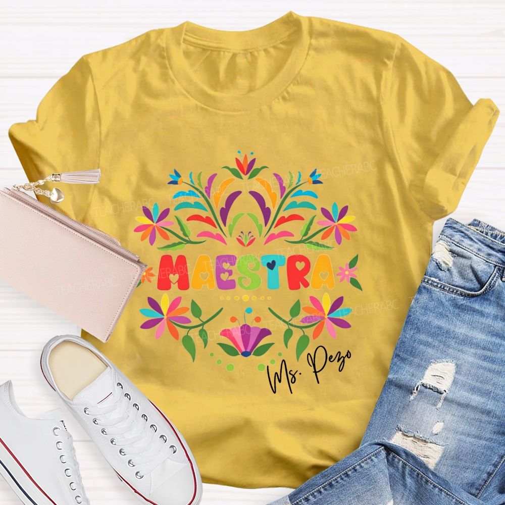Personalized Name Maestra Floral Bilingual Educator Teacher T-shirt