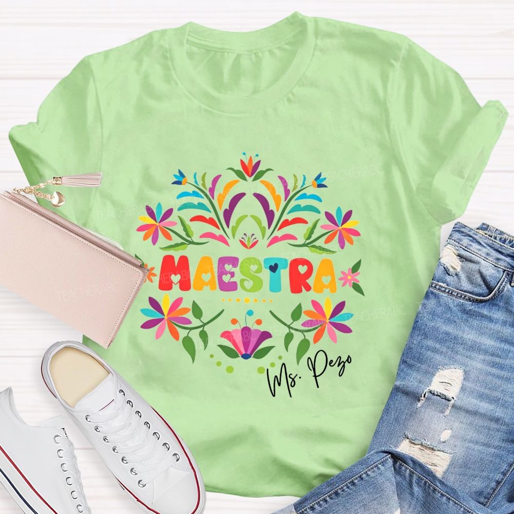 Personalized Name Maestra Floral Bilingual Educator Teacher T-shirt