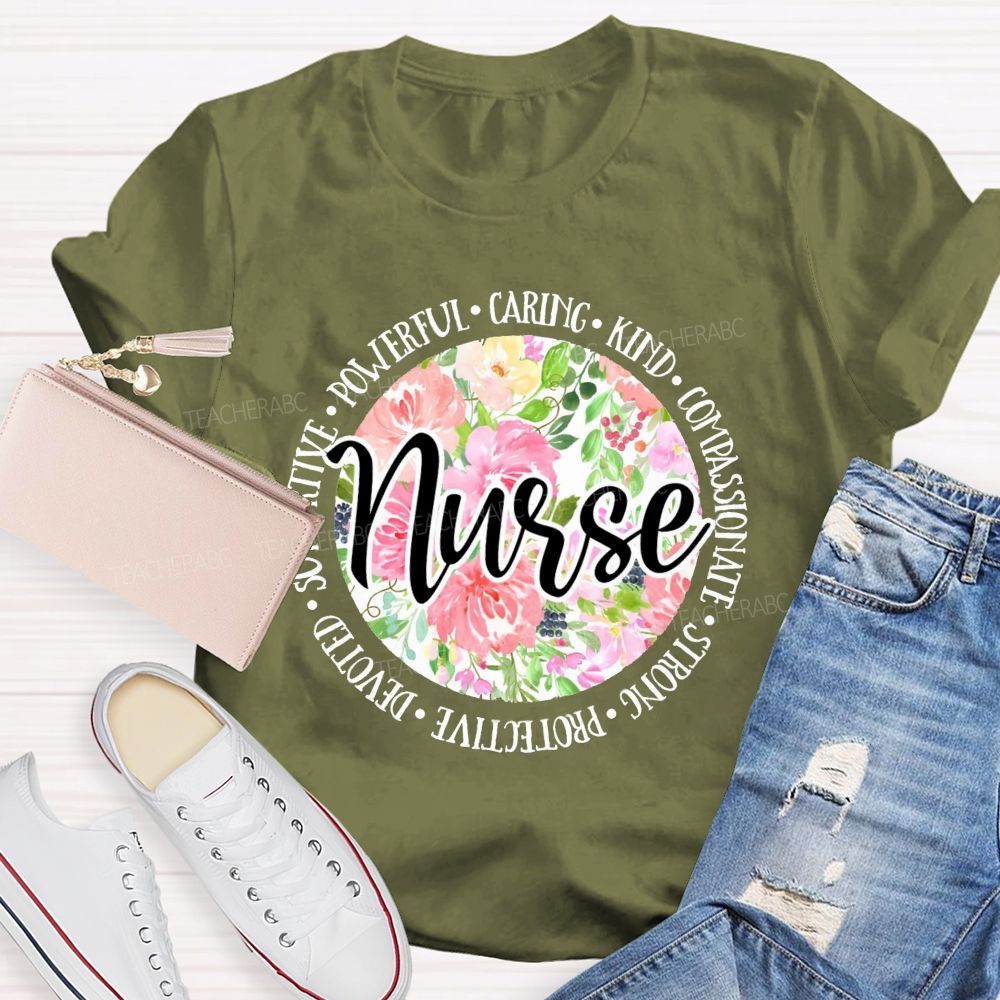 School Nurse Caring Powerful Floral Printed Teacher T-Shirt