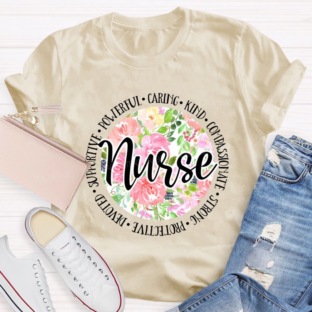 School Nurse Caring Powerful Floral Printed Teacher T-Shirt