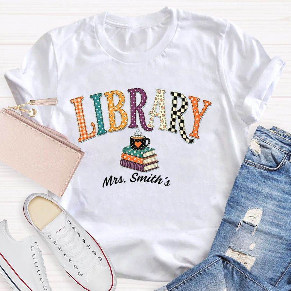Personalized Name Librarian Retro Plaid And Polka-Dot Print Teacher T-Shirt