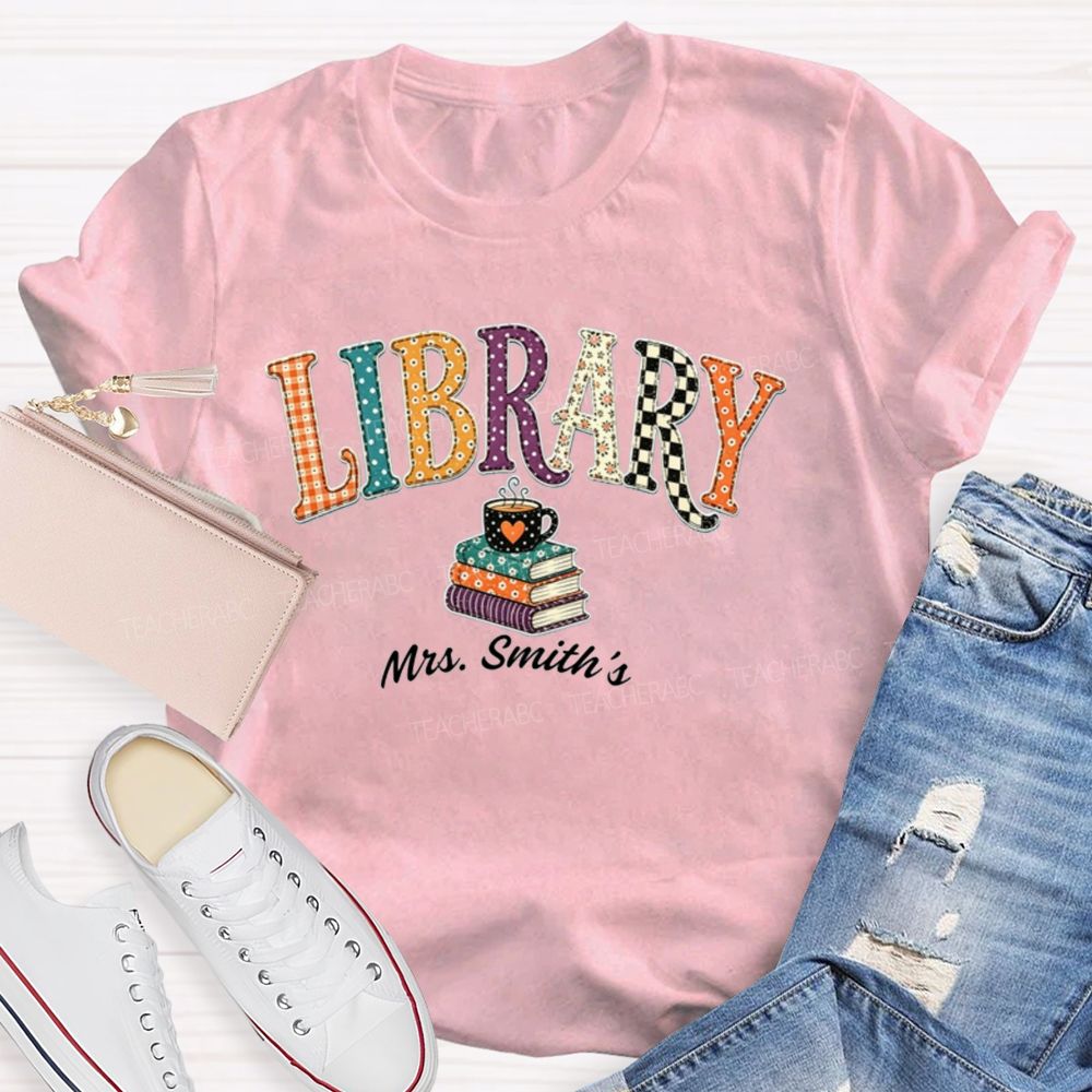 Personalized Name Librarian Retro Plaid And Polka-Dot Print Teacher T-Shirt