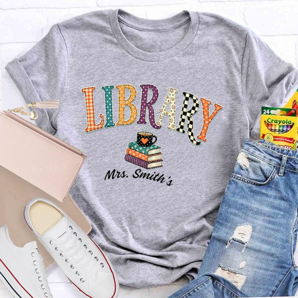 Personalized Name Librarian Retro Plaid And Polka-Dot Print Teacher T-Shirt