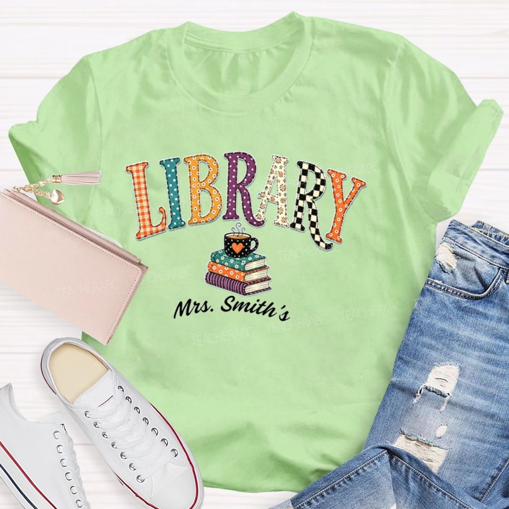 Personalized Name Librarian Retro Plaid And Polka-Dot Print Teacher T-Shirt