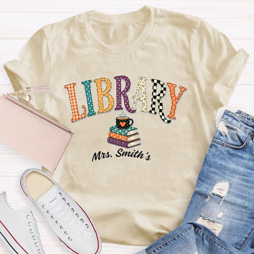 Personalized Name Librarian Retro Plaid And Polka-Dot Print Teacher T-Shirt
