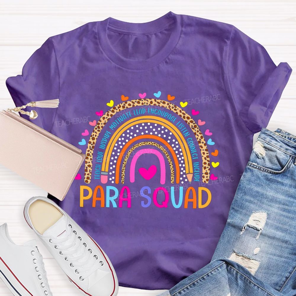 Para Squad Teach Love Inspire Leopard Rainbow Teacher T-Shirt