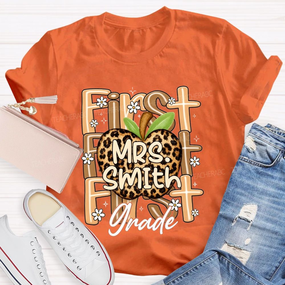 Personalized Name And Grade Leopard Apple Teacher T-shirt
