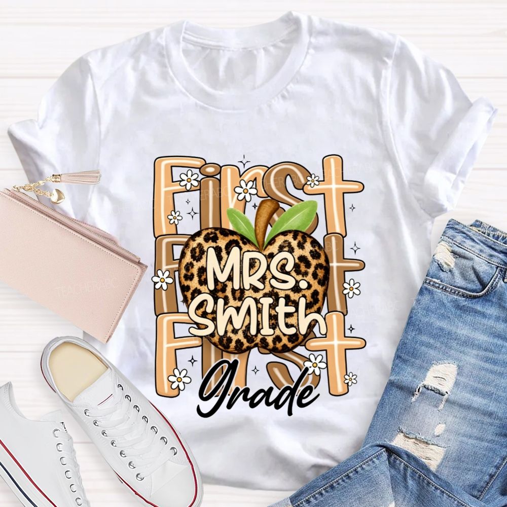 Personalized Name And Grade Leopard Apple Teacher T-shirt