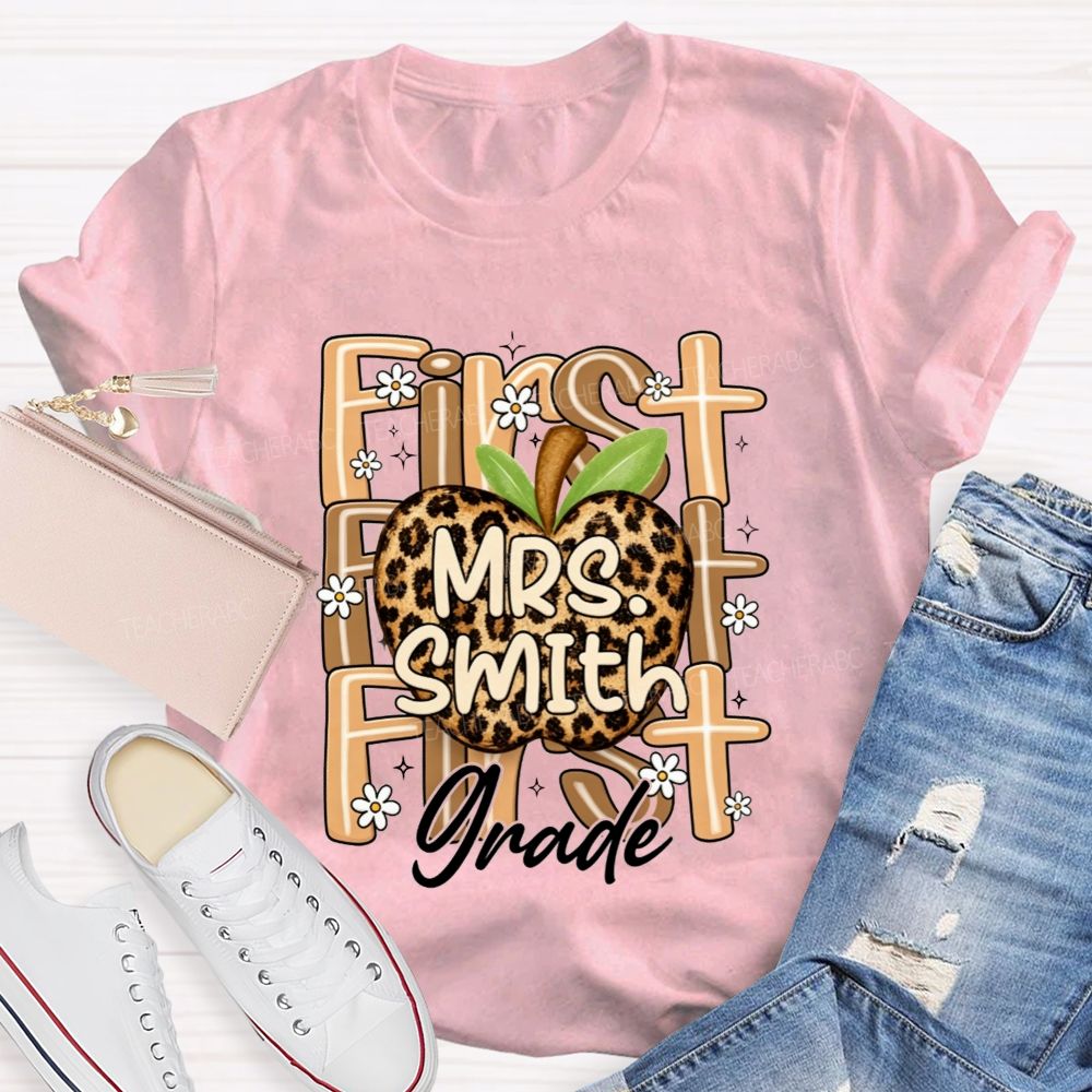 Personalized Name And Grade Leopard Apple Teacher T-shirt