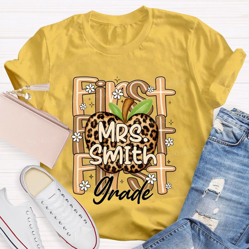 Personalized Name And Grade Leopard Apple Teacher T-shirt