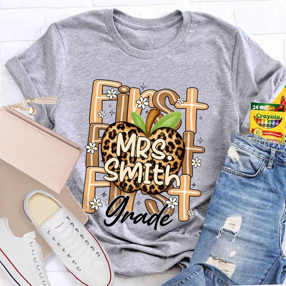 Personalized Name And Grade Leopard Apple Teacher T-shirt