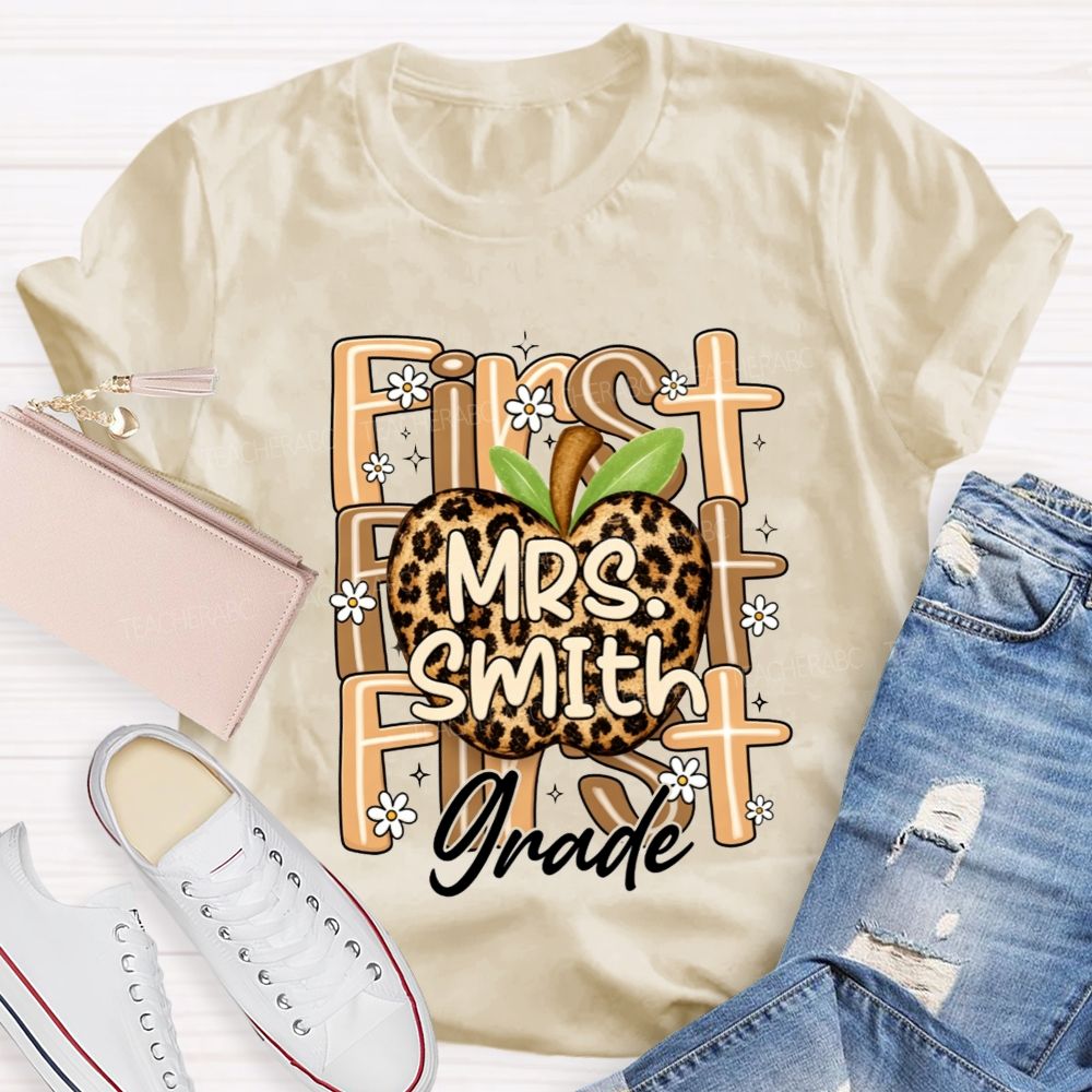 Personalized Name And Grade Leopard Apple Teacher T-shirt