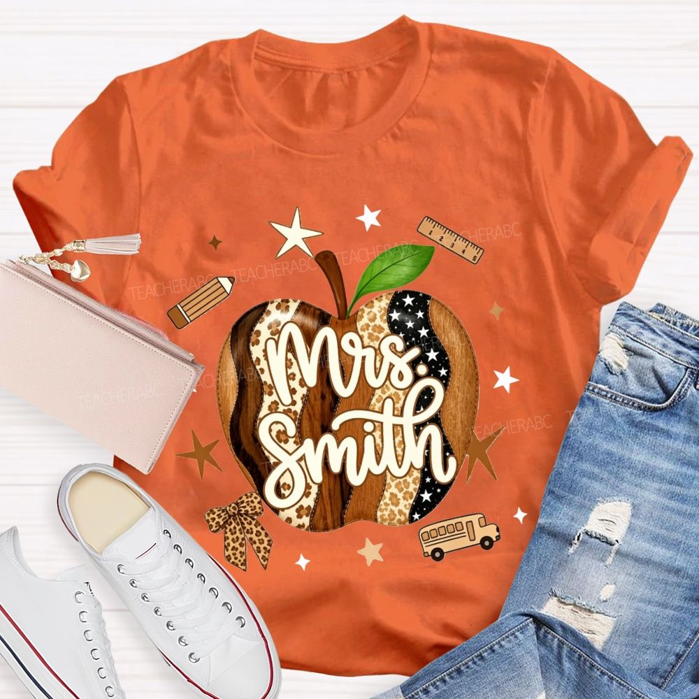 Personalized Name Teacher Leopard Apple Teacher T-shirt