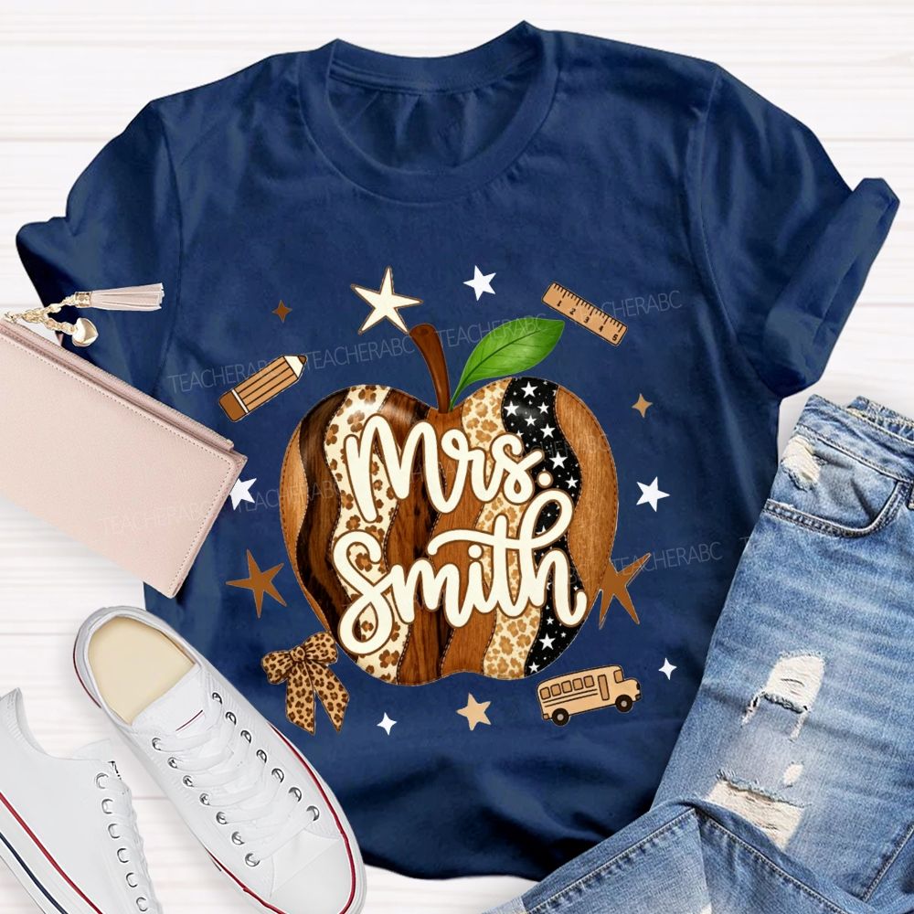 Personalized Name Teacher Leopard Apple Teacher T-shirt