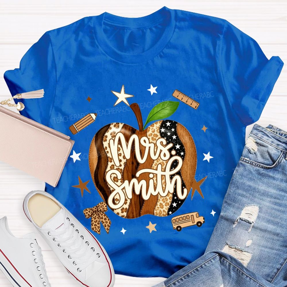 Personalized Name Teacher Leopard Apple Teacher T-shirt