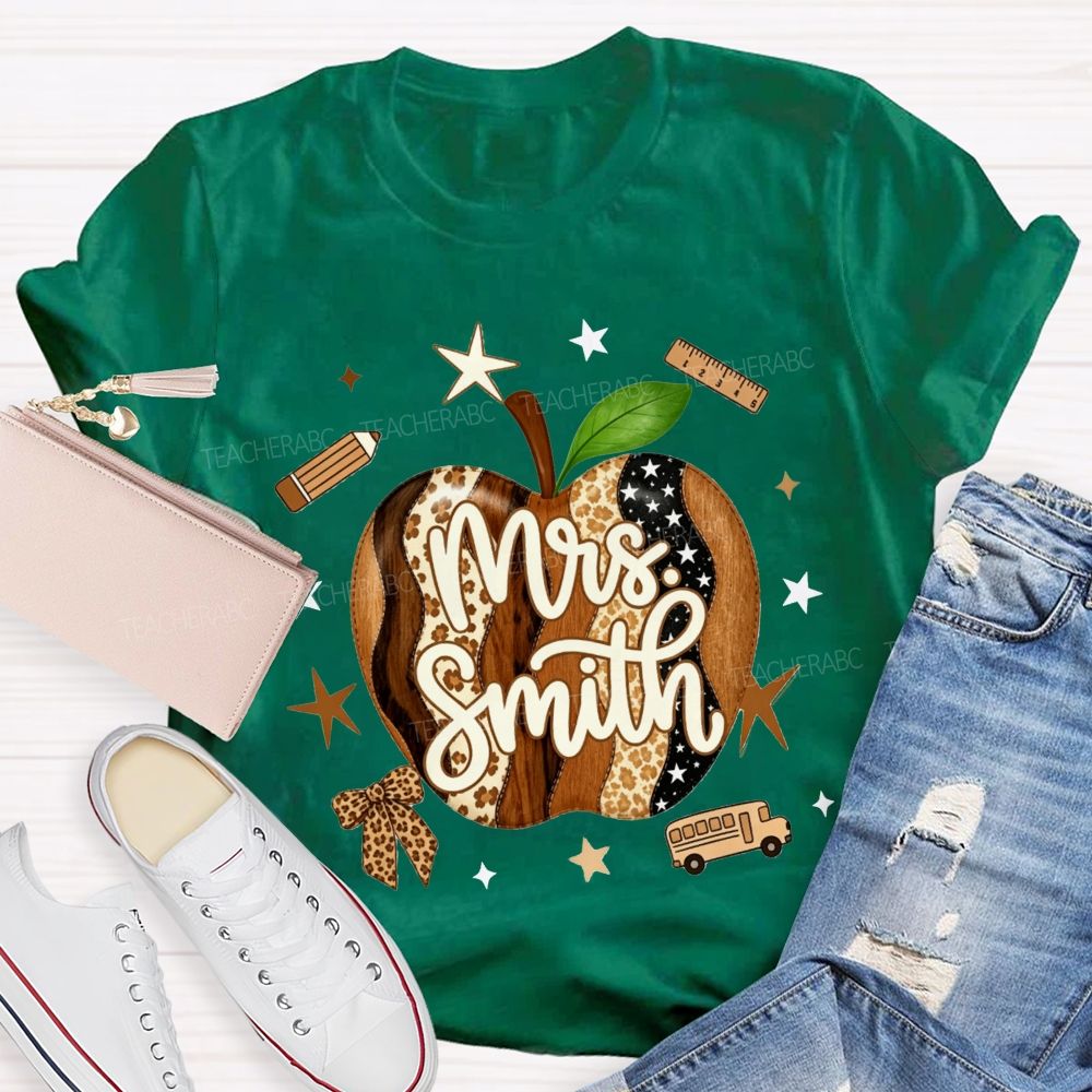 Personalized Name Teacher Leopard Apple Teacher T-shirt