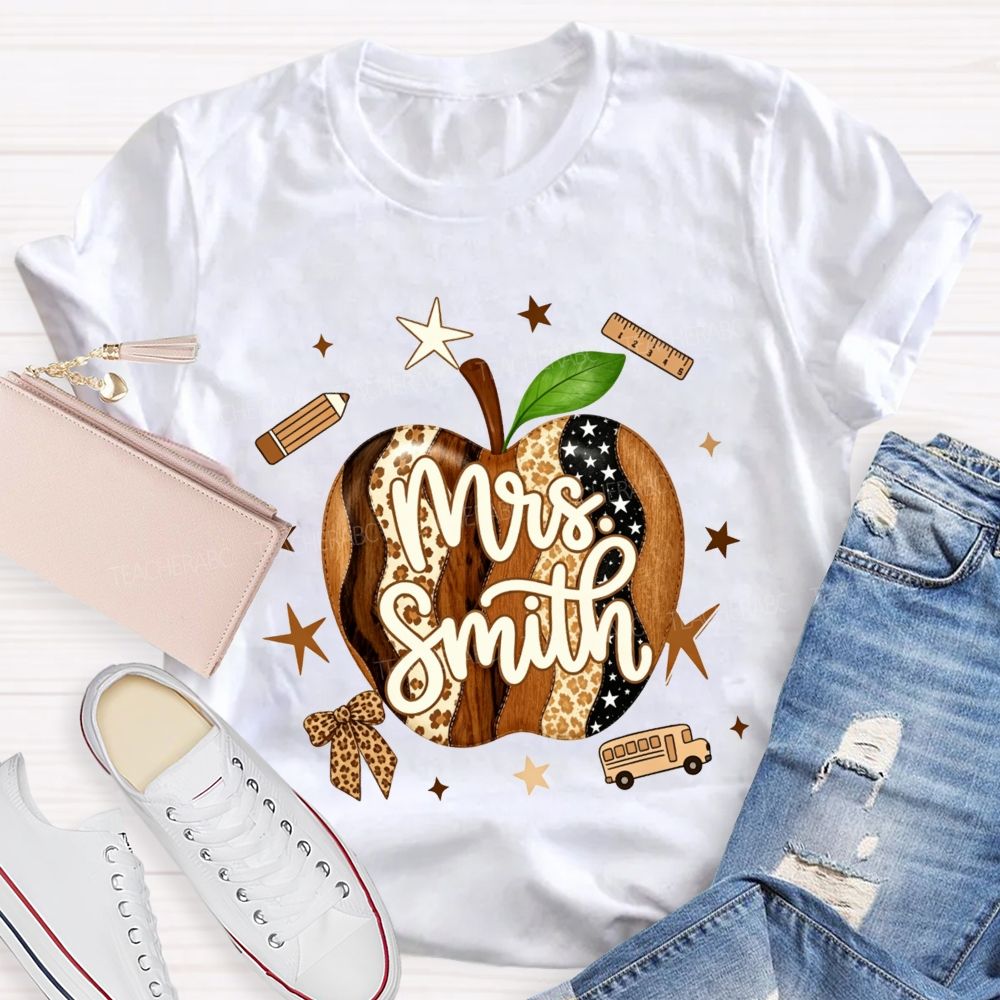 Personalized Name Teacher Leopard Apple Teacher T-shirt