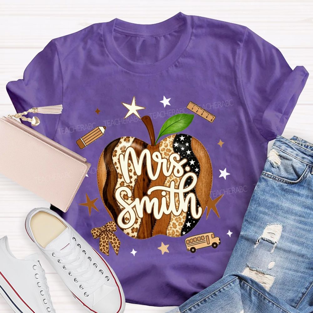 Personalized Name Teacher Leopard Apple Teacher T-shirt