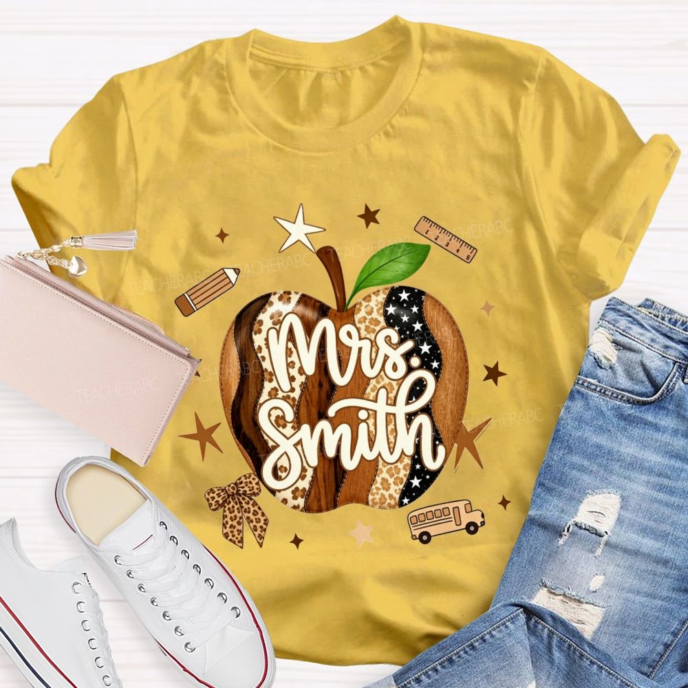 Personalized Name Teacher Leopard Apple Teacher T-shirt