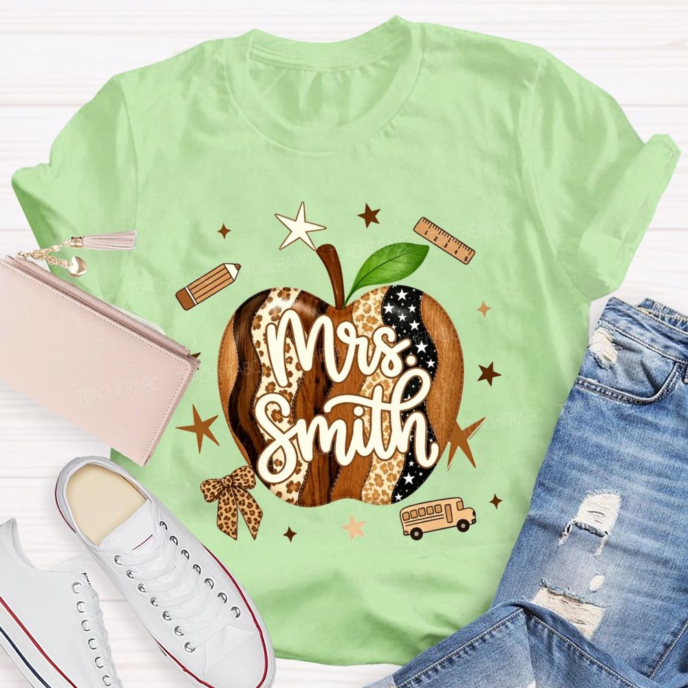 Personalized Name Teacher Leopard Apple Teacher T-shirt