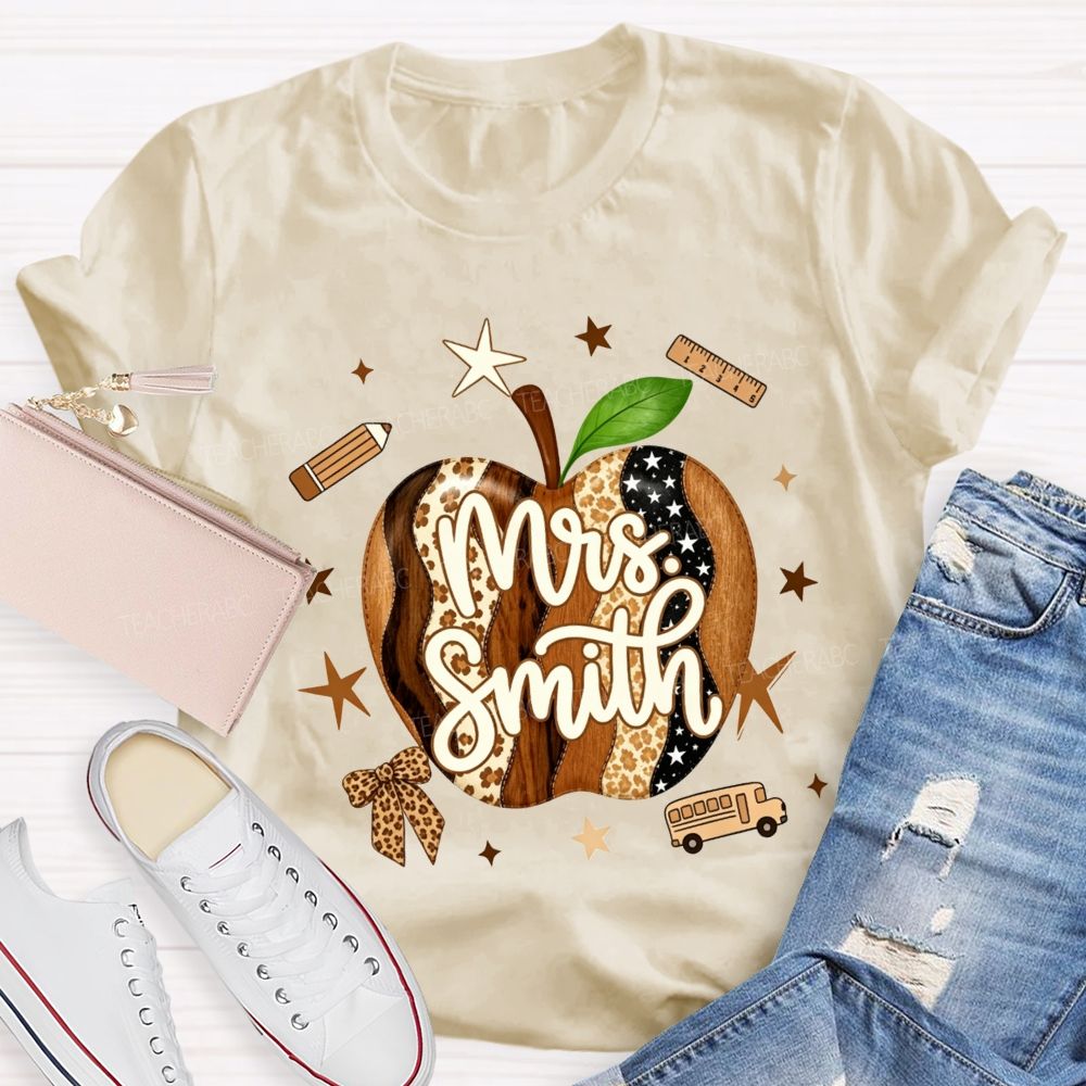Personalized Name Teacher Leopard Apple Teacher T-shirt