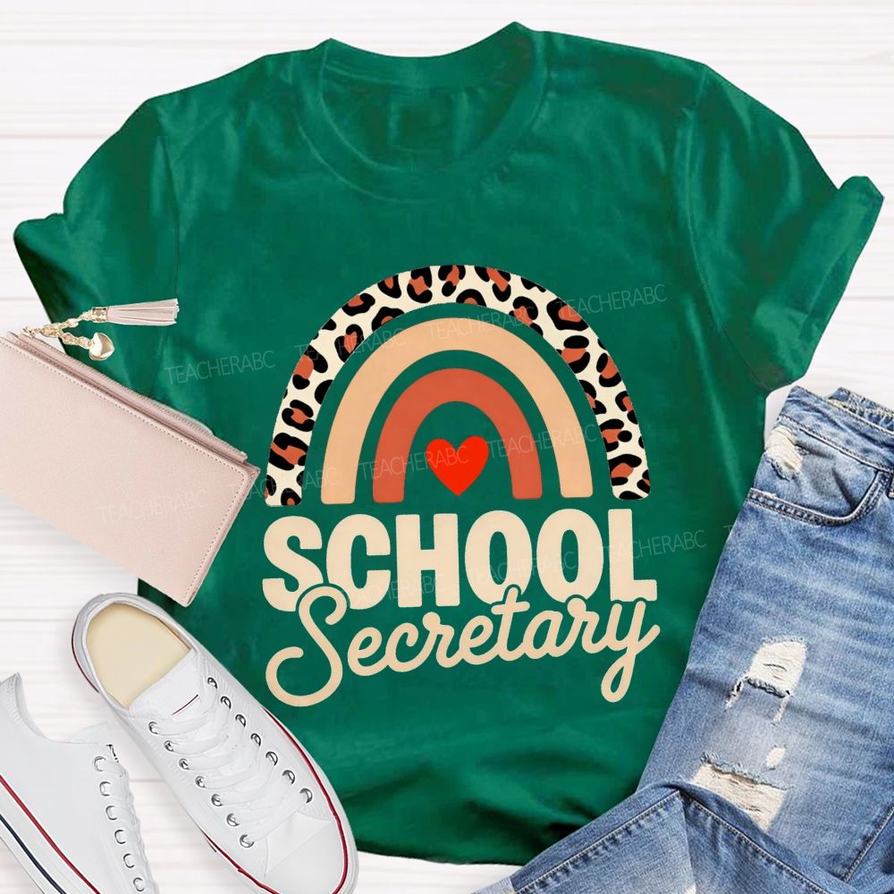 Leopard Boho Rainbow School Secretary T-shirt