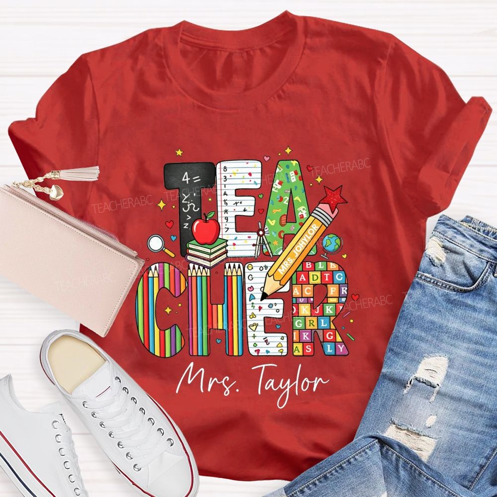 Personalized Name Teacher Alphabet Pencil Math Book Apple Teacher T-shirt