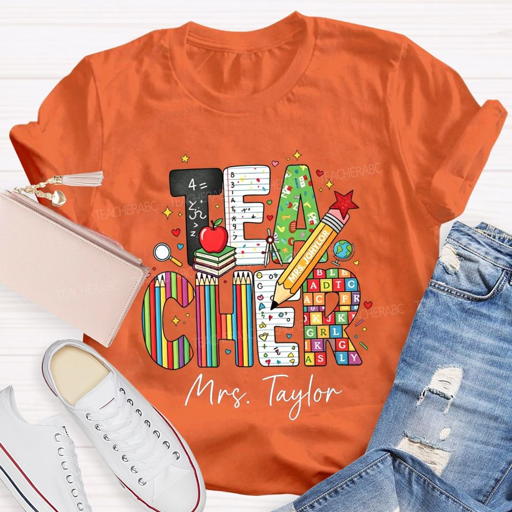 Personalized Name Teacher Alphabet Pencil Math Book Apple Teacher T-shirt