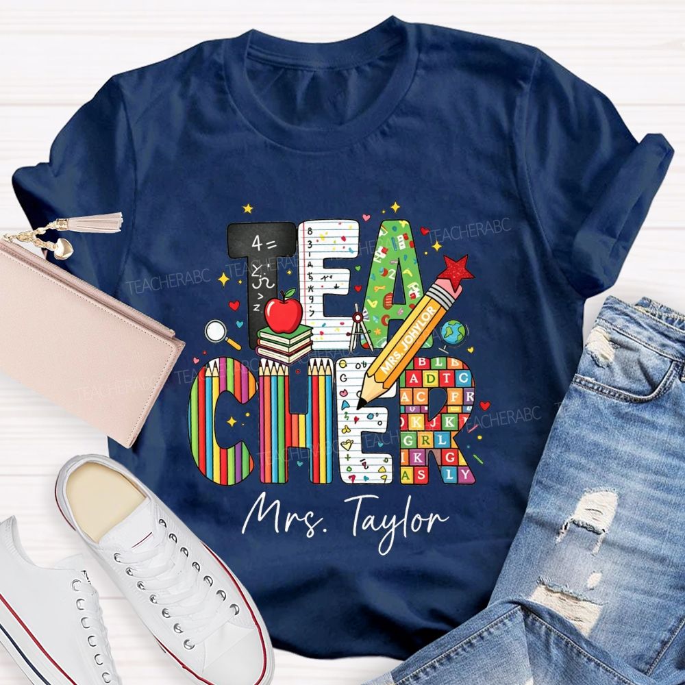 Personalized Name Teacher Alphabet Pencil Math Book Apple Teacher T-shirt