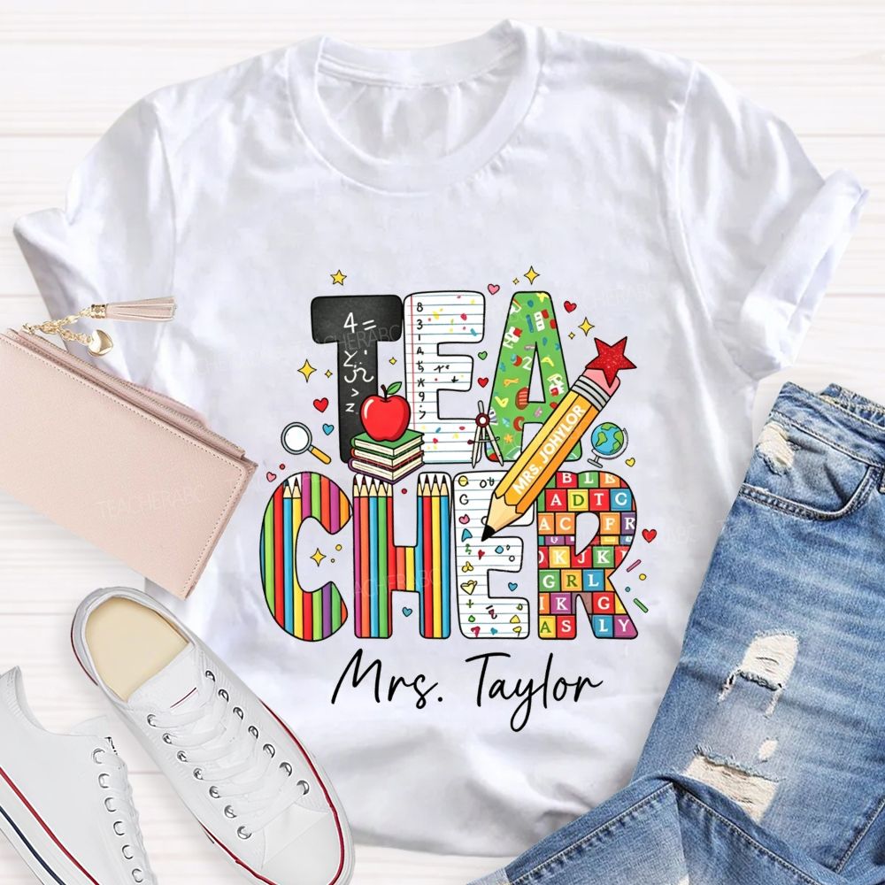 Personalized Name Teacher Alphabet Pencil Math Book Apple Teacher T-shirt