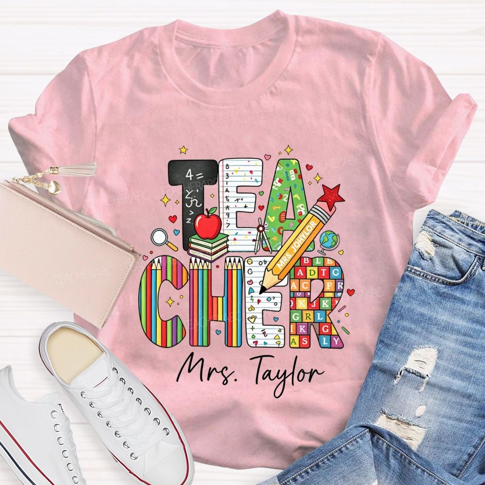 Personalized Name Teacher Alphabet Pencil Math Book Apple Teacher T-shirt