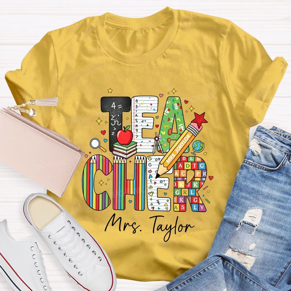 Personalized Name Teacher Alphabet Pencil Math Book Apple Teacher T-shirt