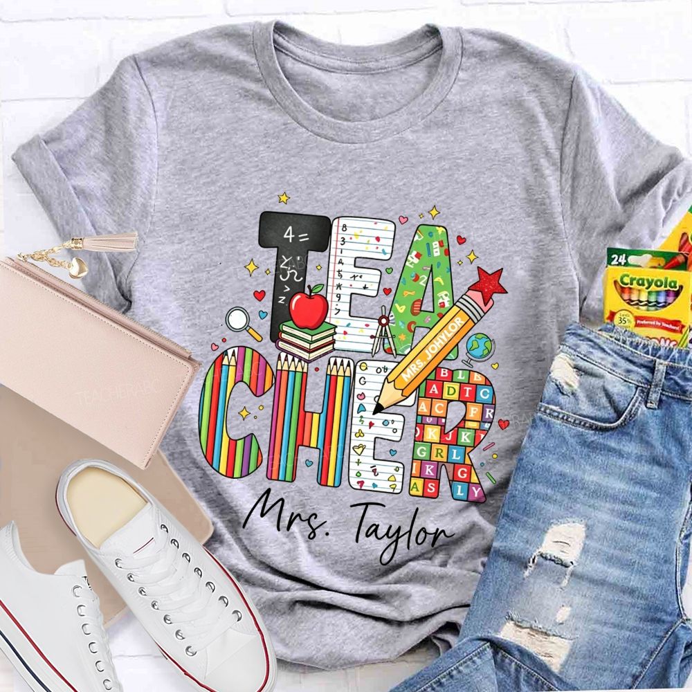 Personalized Name Teacher Alphabet Pencil Math Book Apple Teacher T-shirt