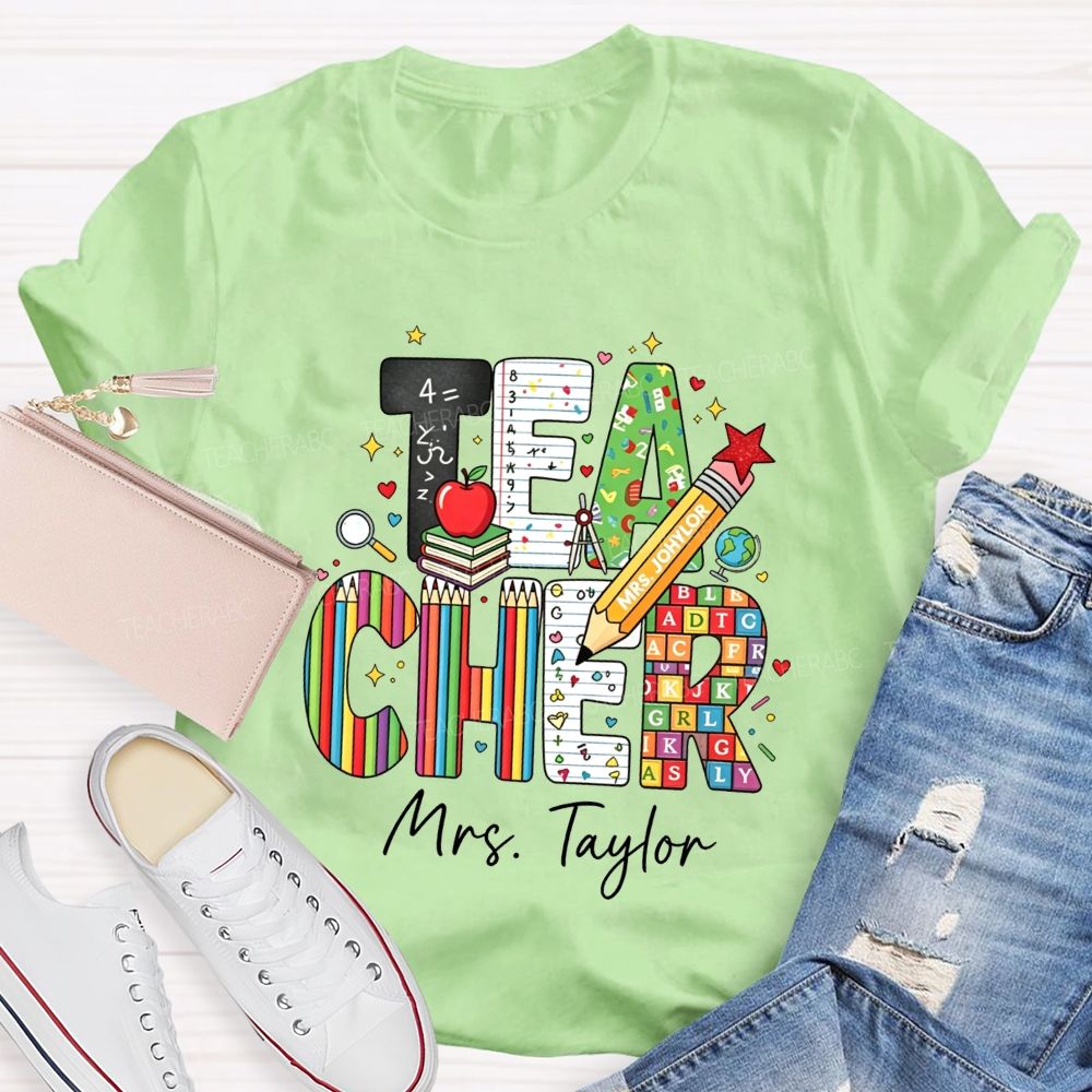 Personalized Name Teacher Alphabet Pencil Math Book Apple Teacher T-shirt