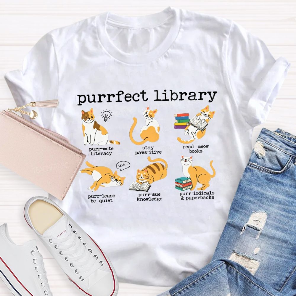 Perfect Library Cat Reading Book Library Pun T-shirt
