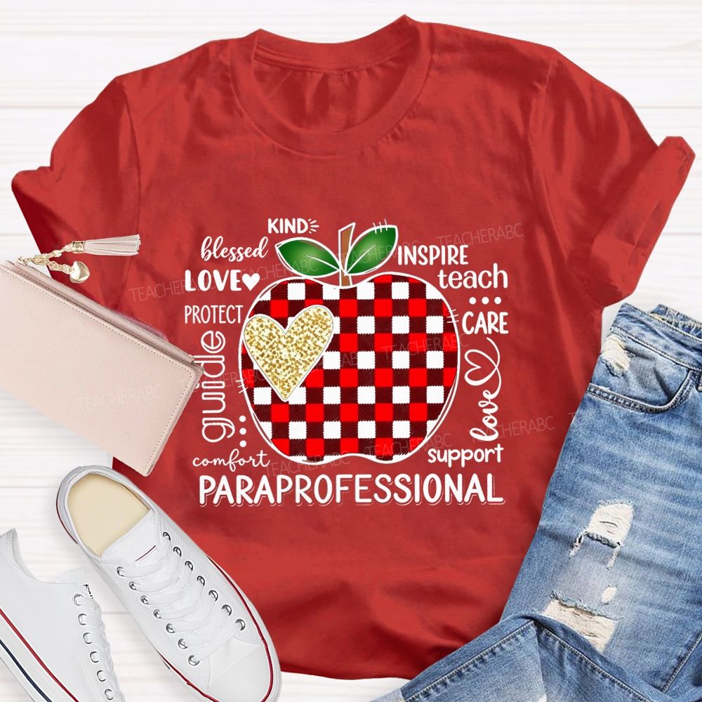 Red Plaid Apple and Gold Heart Paraprofessional Teacher T-shirt